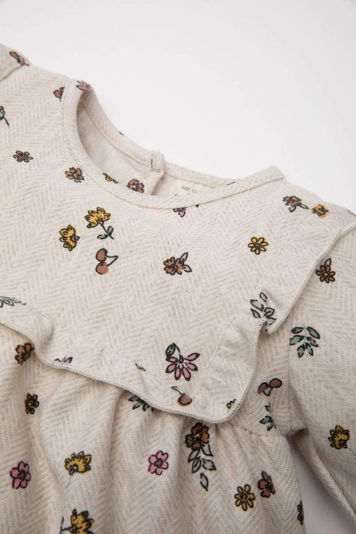 Жаккардовое платье с длинными рукавами и цветочным принтом для маленьких девочек - Defacto фото 2