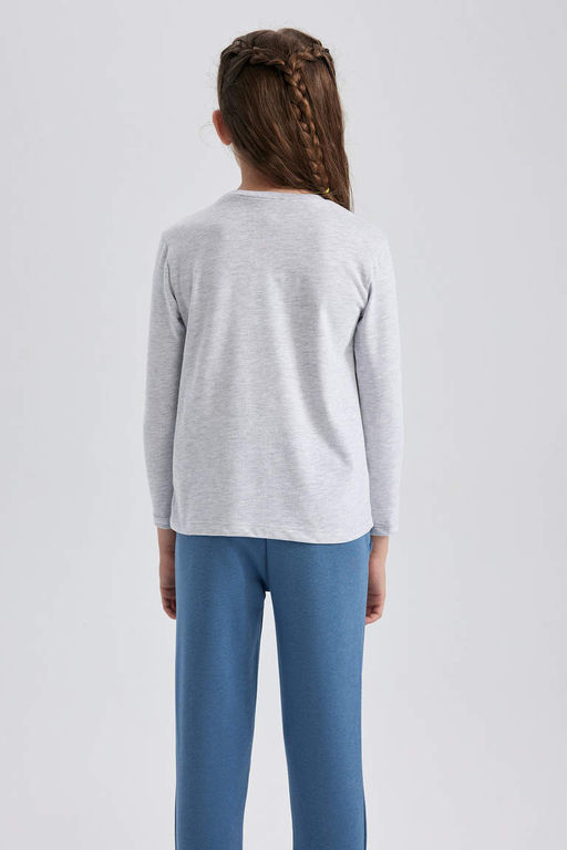 Серая школьная футболка с длинными рукавами из чесаного хлопка с круглым вырезом для девочек - Defacto фото 5