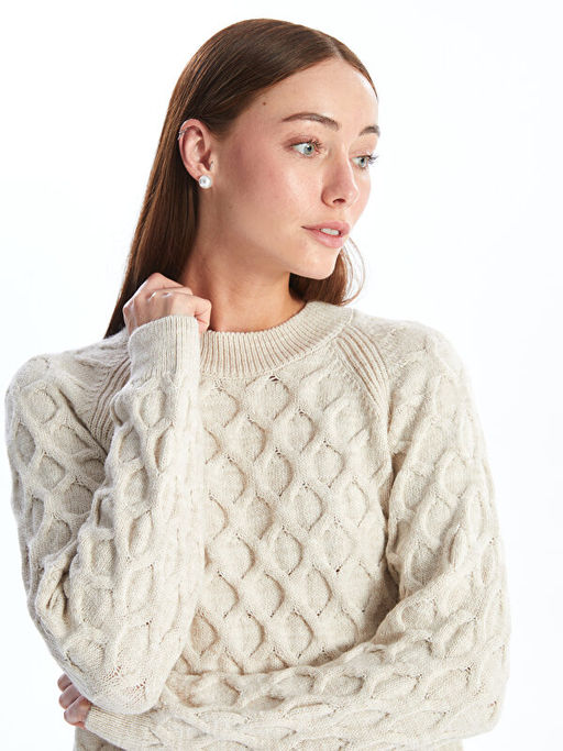 Bisiklet Yaka Kendinden Desenli Uzun Kollu Kad?n Triko Kazak