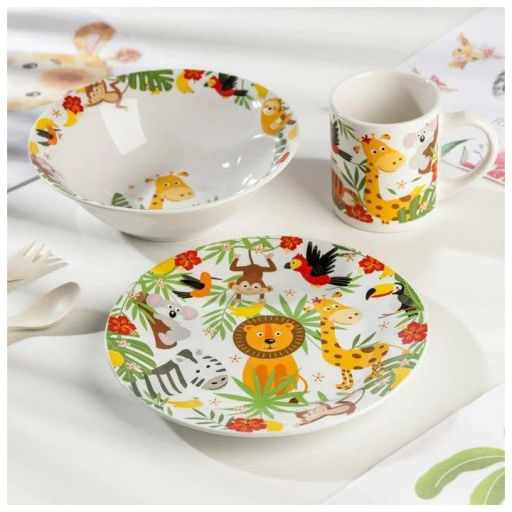Набор Джунгли 3 предмета: кружка 240 мл, миска 18 см, тарелка 19 см в подар упаковке арт.MFKS3-2 /МФК/  фото 8