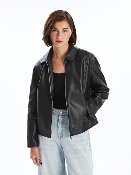 G?mlek Yaka Kad?n Deri G?r?n?ml? Ceket