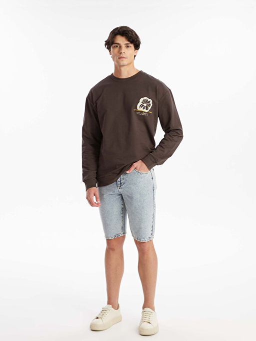 Bisiklet Yaka Uzun Kollu Bask?l? Erkek Sweatshirt