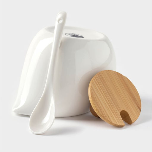 Набор для специй на бамбуковой подставке BellaTenero Капельки, 3 предмета: солонка 60 мл, перечница 60 мл, сахарница с ложкой 330 мл, фарфор, белый фото 6