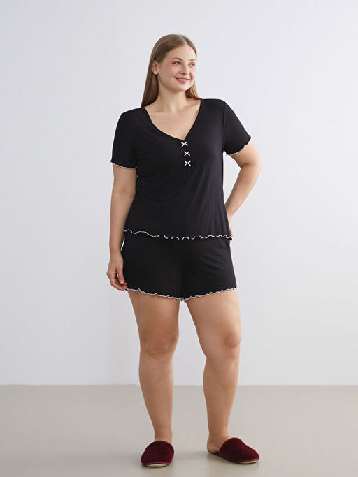 V Yaka Kad?n ?ortlu Pijama Tak?m?