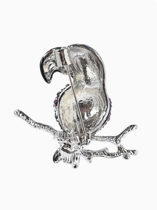 Брошь «Птица» какаду на ветке, цветная в серебре