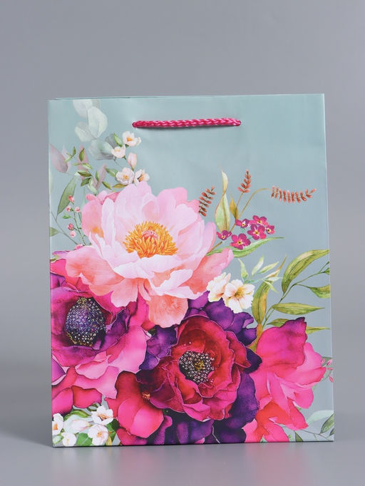 Пакет подарочный ламинированный «Цветочный комплимент», серый с розовым, 18×22.3×10 см
