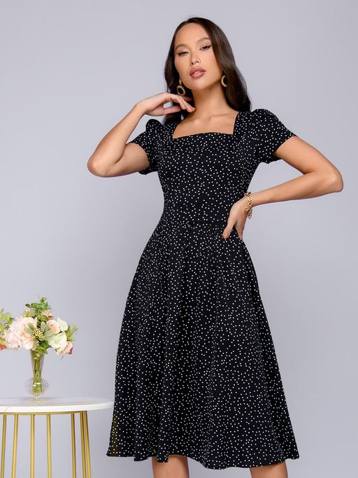 Платье черное в горошек длины миди с короткими рукавами - 1001dress фото 2