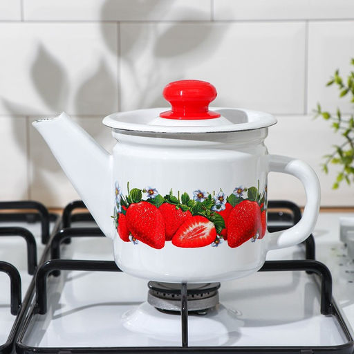 Чайник заварочный с пластиковой кнопкой «Клубника садовая», 1 л, фиксированная ручка, индукция, цвет белый