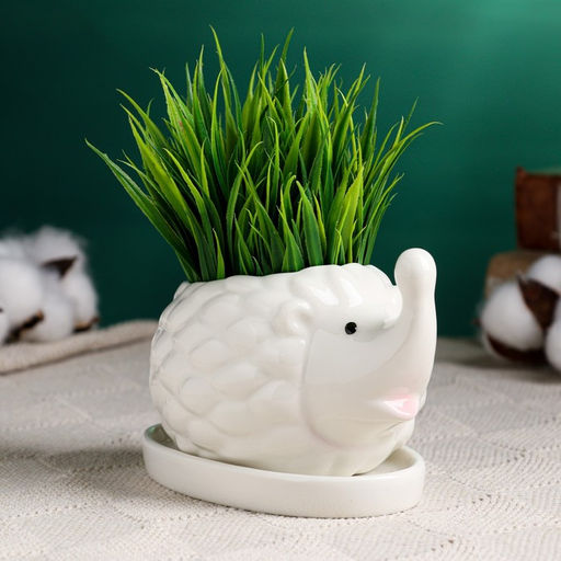 Декоративный горшок для цветов «Ёжик кверху носик», 250 мл, 11.6×8.3×6.2 см, керамический, с поддоном, белый