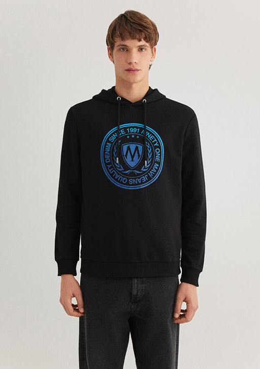 Muhur Logo Bask?l? Kapusonlu Siyah Sweatshirt - Mavi фото 4