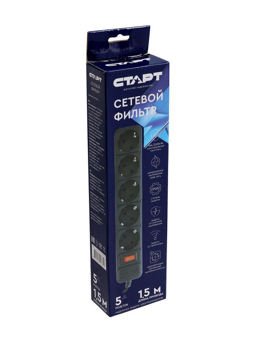 Сетевой фильтр СТАРТ, 5 розеток, 1,5 м, 10А, ПВС 3*0,75 мм2, с з/з, с выкл, IP 20, черный