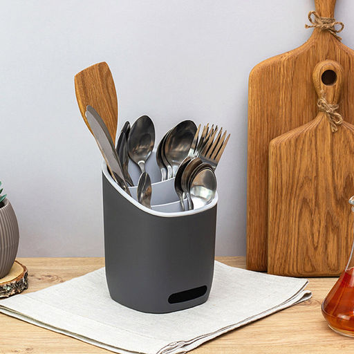 Подставка для столовых приборов пластмассовая "Изли" 12,5х12,5х17см, 3-х секционная, графитовый (Россия)