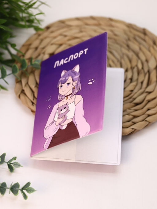 ОБЛОЖКА ДЛЯ ПАСПОРТА АНИМЕ Cute cat Girl, плотность 600 мкм