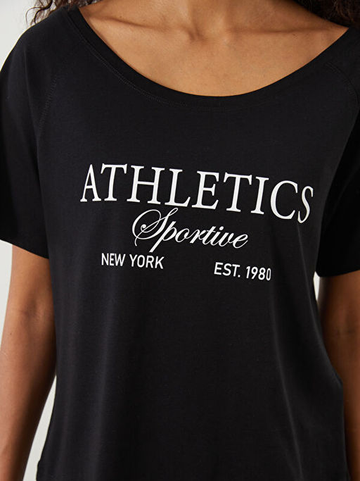 Bisiklet Yaka Bask?l? Crop Kad?n Spor Ti??rt