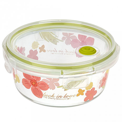 "Лак ин лав (Luck in love)" Контейнер стеклянный 600мл, д14,7см h6см, боросиликатное стекло, с деколью, круглый, пластмассовая крышка с пароотводом, герметичная, с клипсами, с силиконовым уплотнителем (Китай)