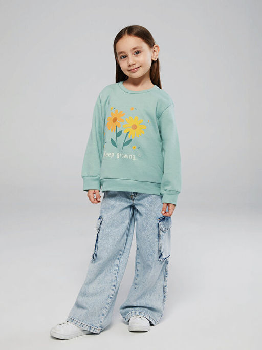 Bisiklet Yaka Bask?l? K?z ?ocuk Sweatshirt 2li