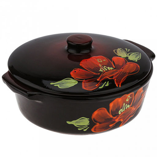 Лоток для запекания керамический "Десерт" 2л, д23,5см, h12,5см, "Мак черный", малый, с ручками, с крышкой (Россия)