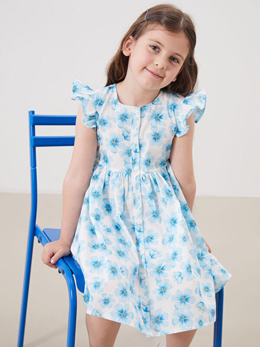 ?nden D??meli ?i?ekli K?z ?ocuk Poplin Elbise