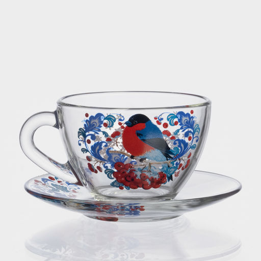 Чайная пара новогодняя Снегири на рябине, 200 мл, блюдце d=13 см, стекло, прозрачная
