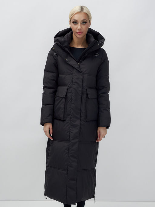 Пальто утепленное стеганное зимнее с капюшоном женское черного цвета 9602Ch - Mtforce фото 11