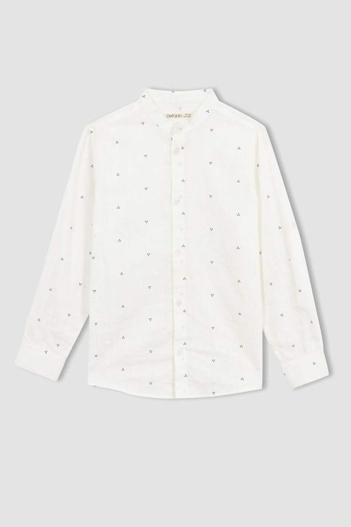 Белая рубашка с длинным рукавом и принтом в льняном стиле для мальчика - Defacto фото 7