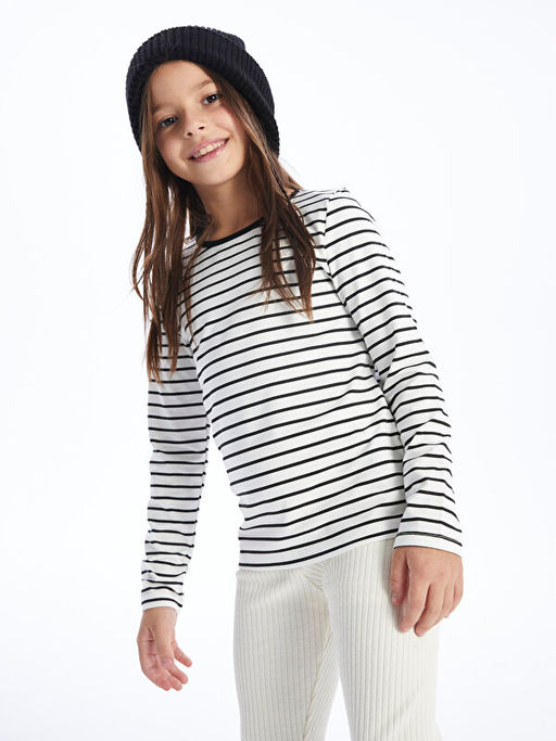 Bisiklet Yaka ?izgili Uzun Kollu K?z ?ocuk Ti??rt - Waikiki фото 3