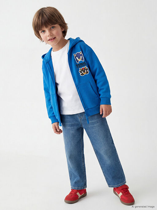 Sonic Bask?l? Erkek ?ocuk Fermuarl? Sweatshirt