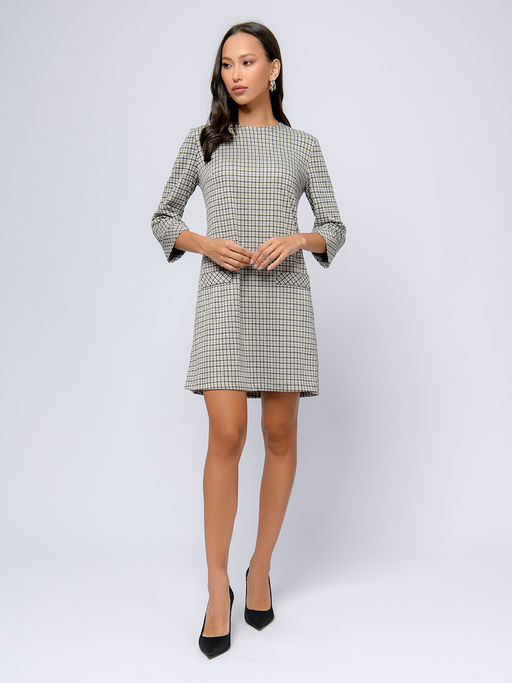 Платье бежевого цвета в клетку длины мини с рукавами 3/4 - 1001dress фото 2
