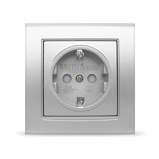 Розетка одноместная "Бриллиант", скрытая установка, с заземлением, защитная шторка, еврослот, 16А, 220В, серебро (Китай)