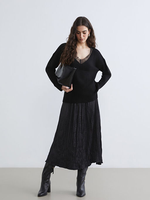 V Yaka Dantel Detayl? Oversize Kad?n Triko Kazak