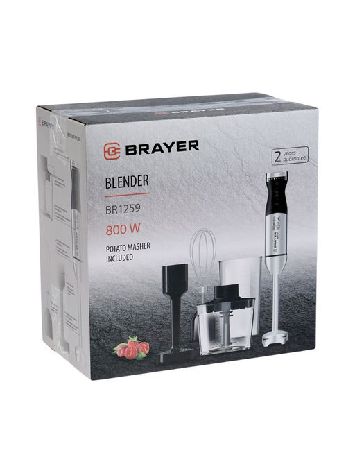 Блендер погружной BRAYER 1259BR, 800 Вт, 4 насадки, стакан 700 мл, чаша 500 мл, черный
