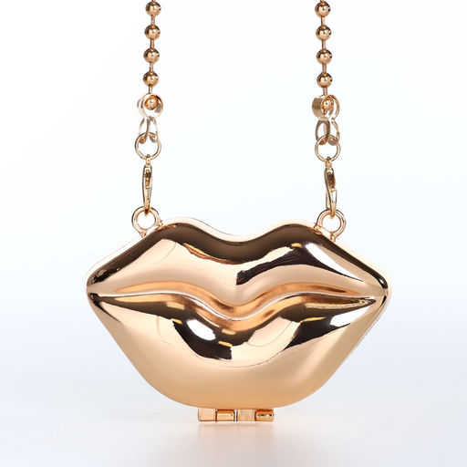 Сумка мини-клатч на магните, в форме губ, жёсткий корпус, на длинной цепочке, золотистая