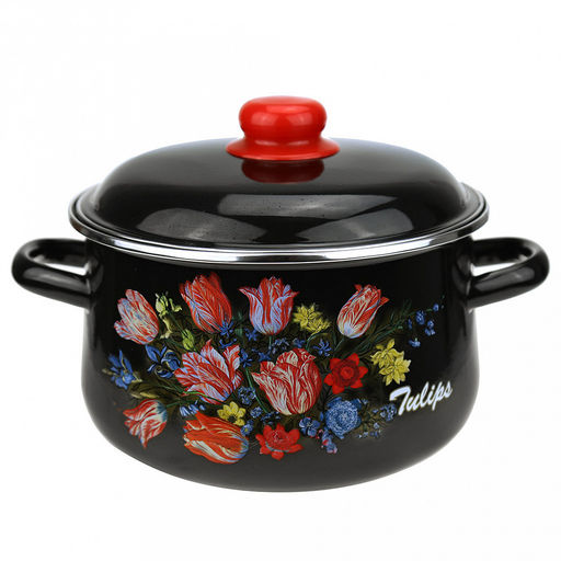 "Букет тюльпанов" Кастрюля эмалированная 4л, д22см, h13см, коническая форма, металлическая крышка с пластмассовой ручкой-кнопкой, ободок из нержавеющей стали, черный (Россия)