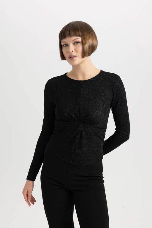 Облегающая футболка с круглым вырезом и длинными рукавами - Defacto фото 3