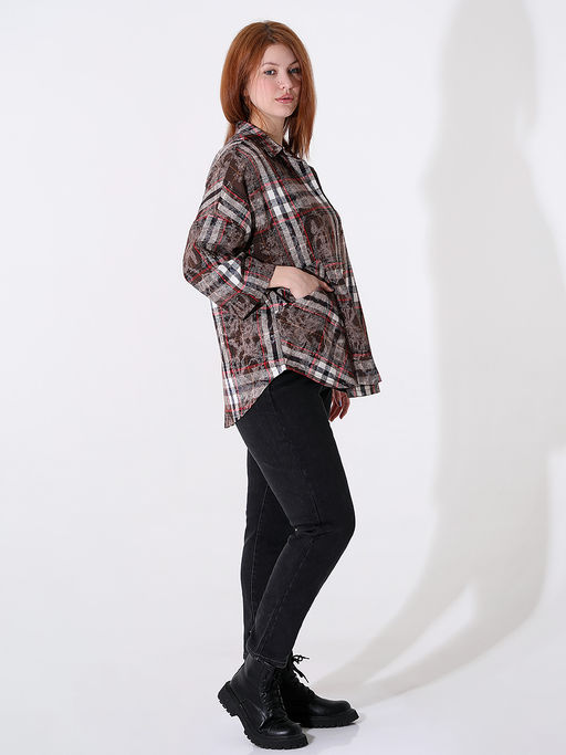 Коричневая рубашка в клетку женская больших размеров - Almond фото 5