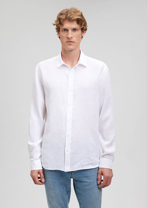 Beyaz Keten Gomlek - Mavi фото 3