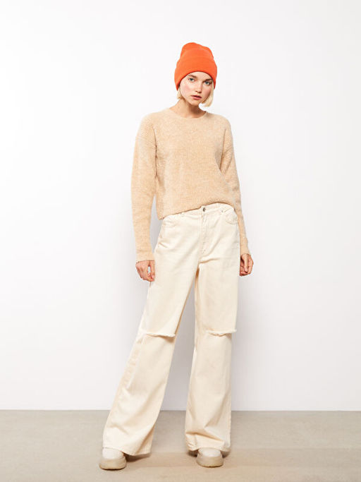 Bisiklet Yaka D?z Uzun Kollu Kad?n Triko Kazak