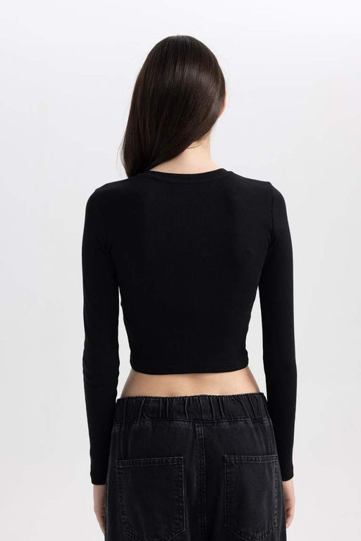 Приталенная футболка с длинным рукавом и круглым вырезом в рубчик с принтом - Defacto фото 7