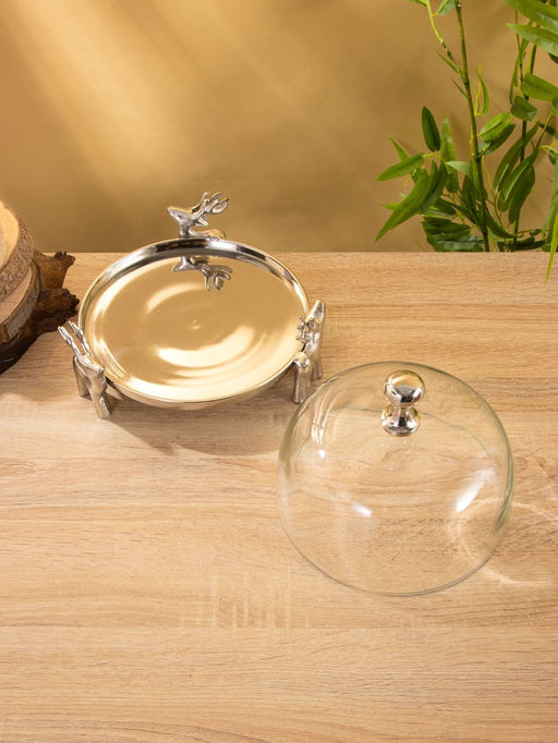 Тортовница со стеклянной крышкой «Олени», 23×23×20 см, алюминий