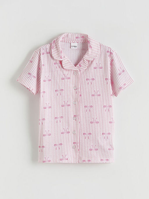 G?mlek Yaka Fiyonk Desenli K?z ?ocuk ?ortlu Pijama Tak?m?