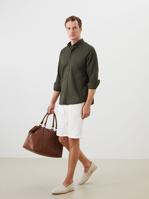 Regular Fit Uzun Kollu Keten Kar???ml? Erkek G?mlek