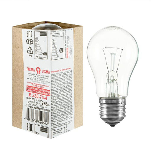 Цена за 7 шт. Лампа накаливания «Лисма», Б, Е27, 75 Вт, 230 В