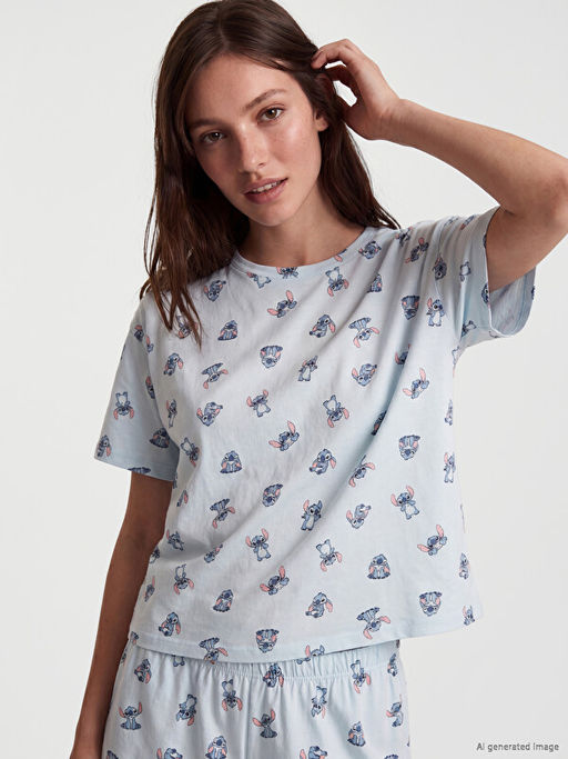 Stitch Bask?l? Kad?n ?ortlu Pijama Tak?m?