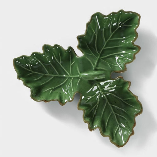 Менажница 3 ячейки Доляна «Лист», 22.1×7.6 см, доломит, зелёная