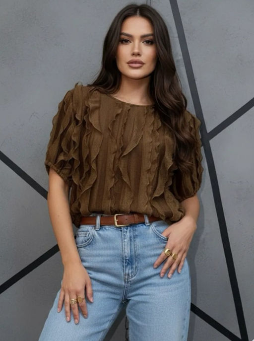 K13521 Лонгслив с рюшами КОРИЧНЕВЫЙ