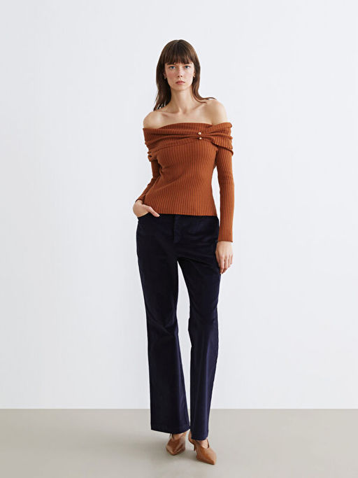 Kay?k Yaka B?zg?l? Kad?n Triko Kazak