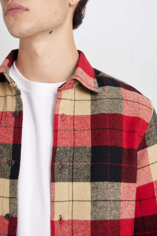 Мужская бордово-красная фланелевая рубашка с длинными рукавами и воротником-поло стандартного кроя в клетку Lumberjack - Defacto фото 9