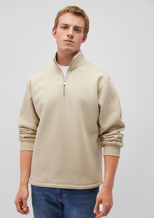 Dik Yaka Bej Sweatshirt - Mavi фото 2