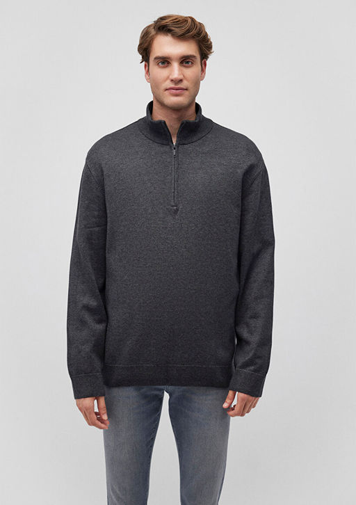 Yar? Fermuarl? Dik Yaka Gri Kazak - Mavi фото 3