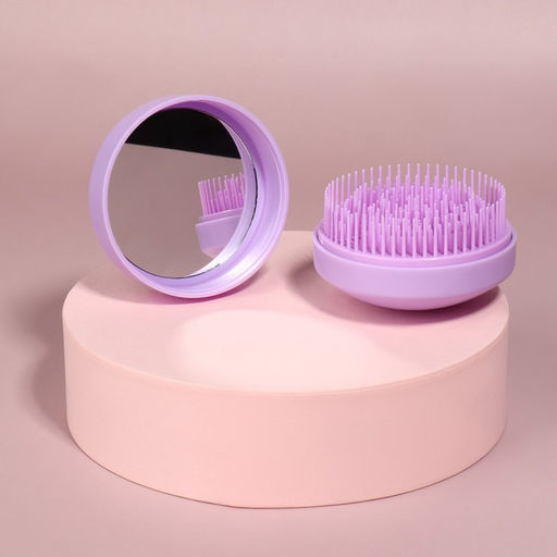 Расчёска массажная, круглая, складная, с зеркалом, d=7.5 см, в коробке, сиреневая